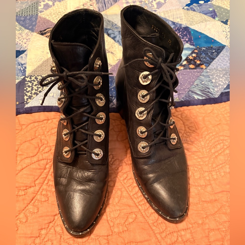 Freda Salvador Dark Leather Lace-Up Boots with Metallic Details